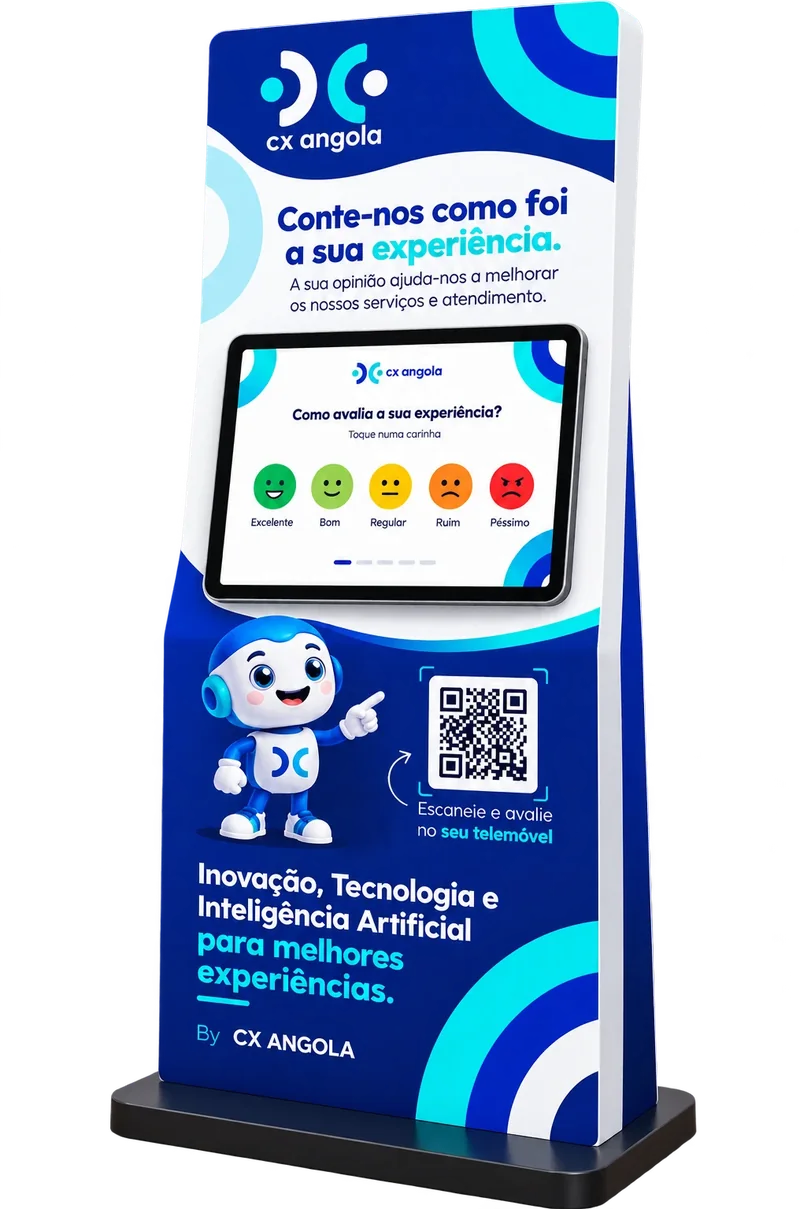 Quiosque Kwoza com tablet de avaliação e QR Code